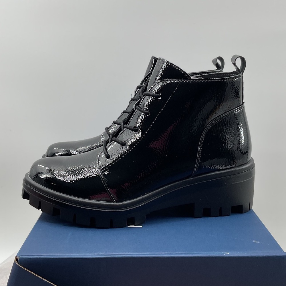 White Mountain Tariq Black Patent Lace Up Lug Combat Boots W38712 Womens 6.5